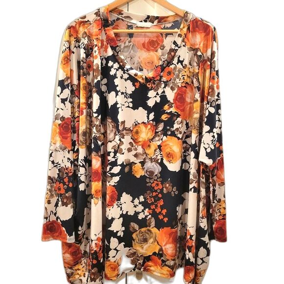 ODDY Plus Size Floral Blouse  V-Neck Dropped Shoulder Long Sleeve Silky/ Stretch - Picture 1 of 7